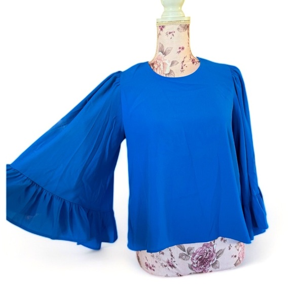Zara Basic Blue Frill Cuff Blouse - Picture 3 of 4